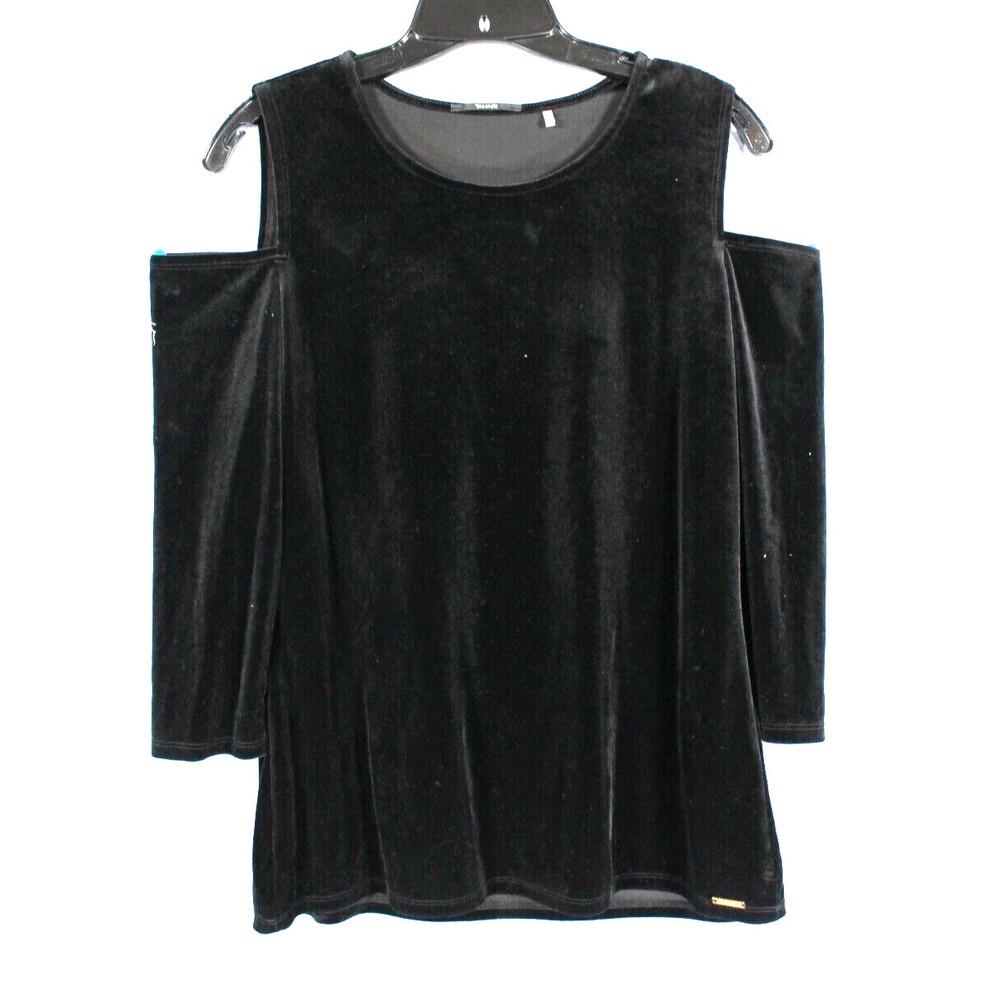 TAHARI Soft Stretchy VELVET Black COLD-SHOULDER 3/4 Sleeve BLOUSE/TOP Sz S